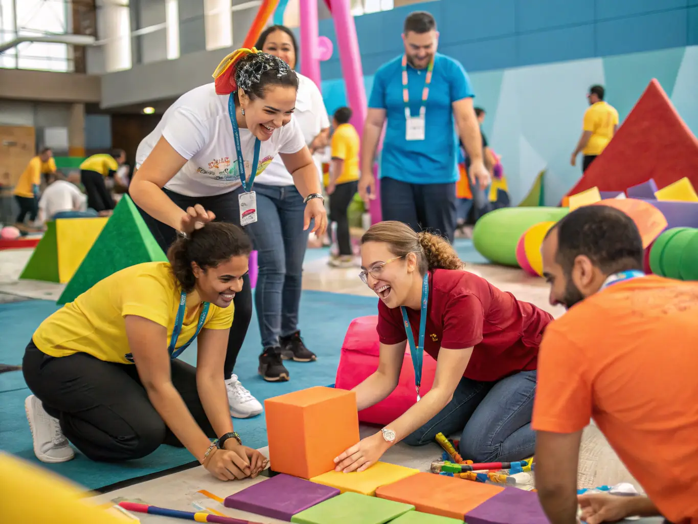 A visually appealing photograph of a workshop session at a newsprintgate.fun conference, with participants actively engaged in a hands-on activity and a facilitator guiding the session.