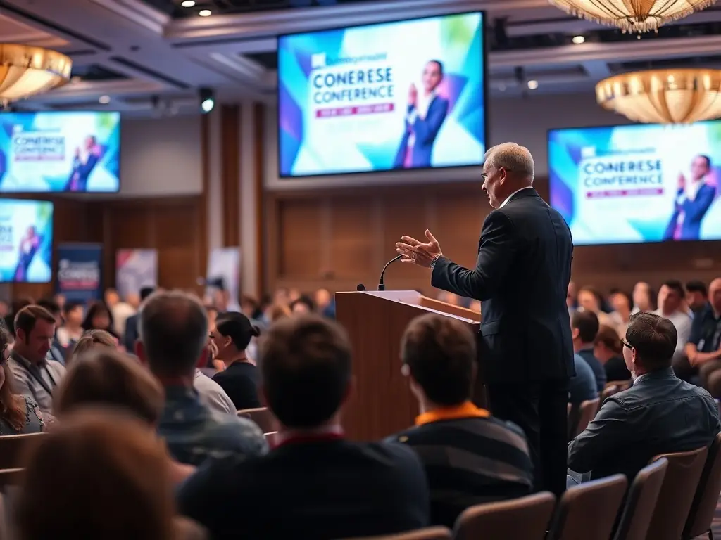A dynamic photograph capturing a keynote speaker passionately addressing a large audience at a newsprintgate.fun conference, with engaged attendees and visible branding.