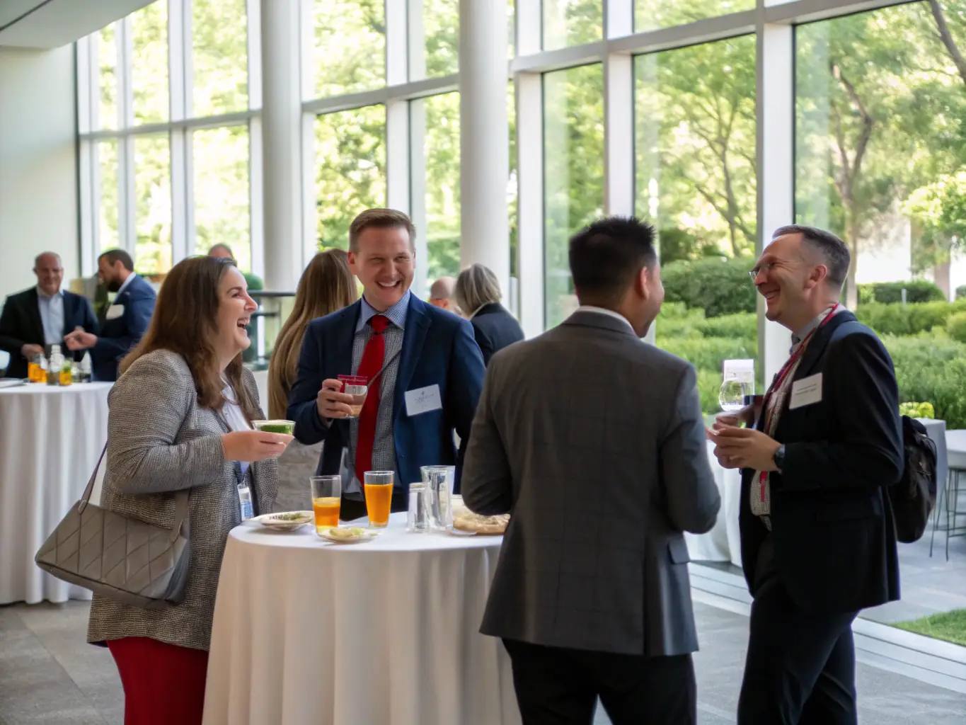 A vibrant image showing attendees networking during a coffee break at a newsprintgate.fun conference, with people actively engaged in conversation and exchanging business cards.