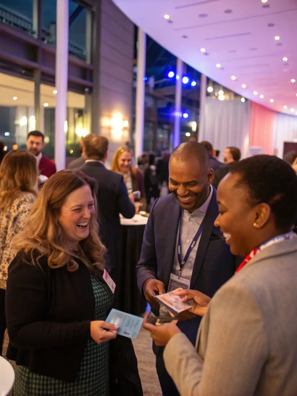 A networking event at the conference, showing attendees mingling and exchanging business cards in a relaxed and professional setting. Drinks and appetizers are being served.