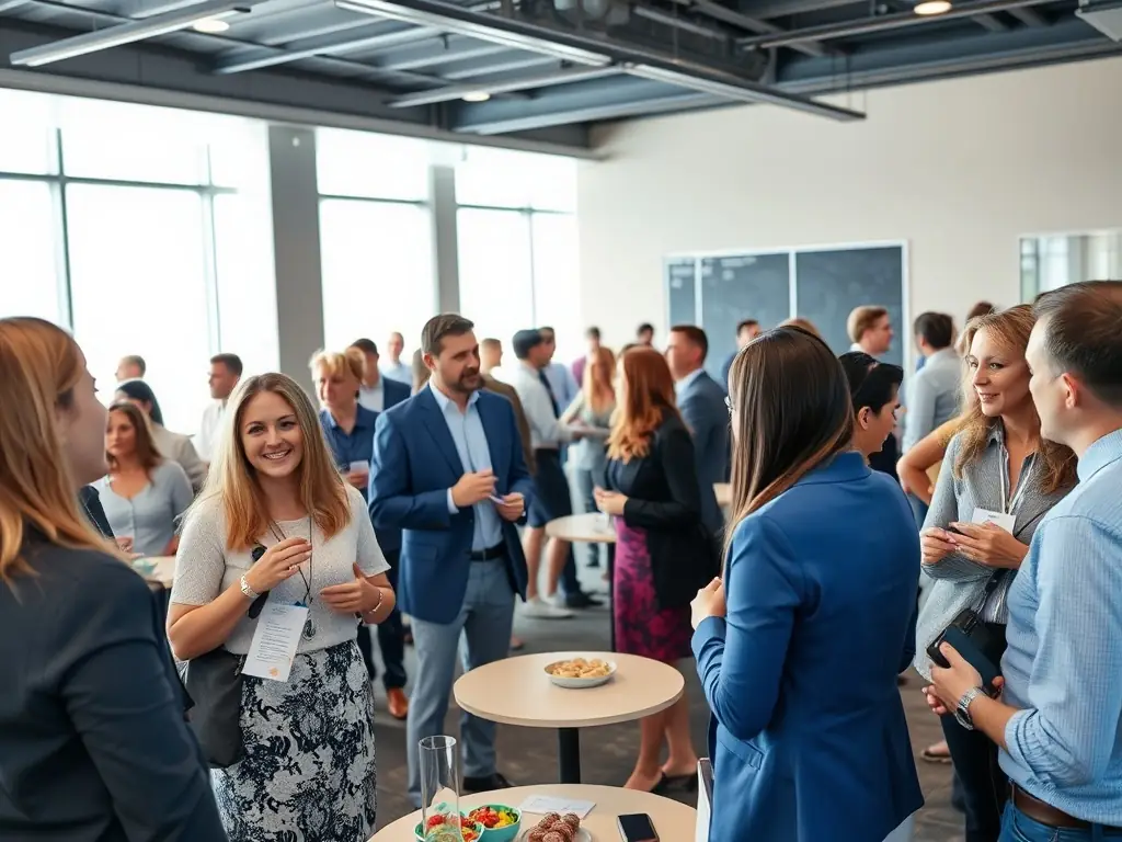 A wide shot of a networking event at the conference, showing attendees engaging in conversations and exchanging business cards in a relaxed setting.
