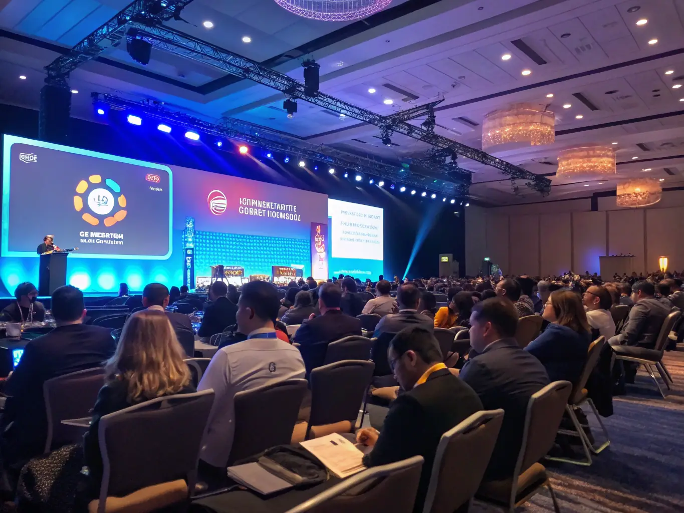 A detailed close-up shot of a conference schedule displayed on a large screen, highlighting session times and speaker names, with attendees visible in the background.