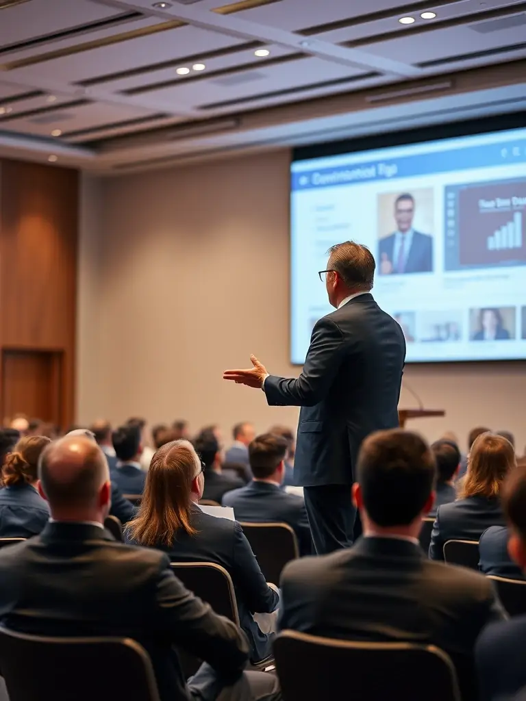 A photograph of a keynote speaker presenting on stage at a media conference, with attendees listening attentively and taking notes. The speaker is discussing digital transformation in publishing.