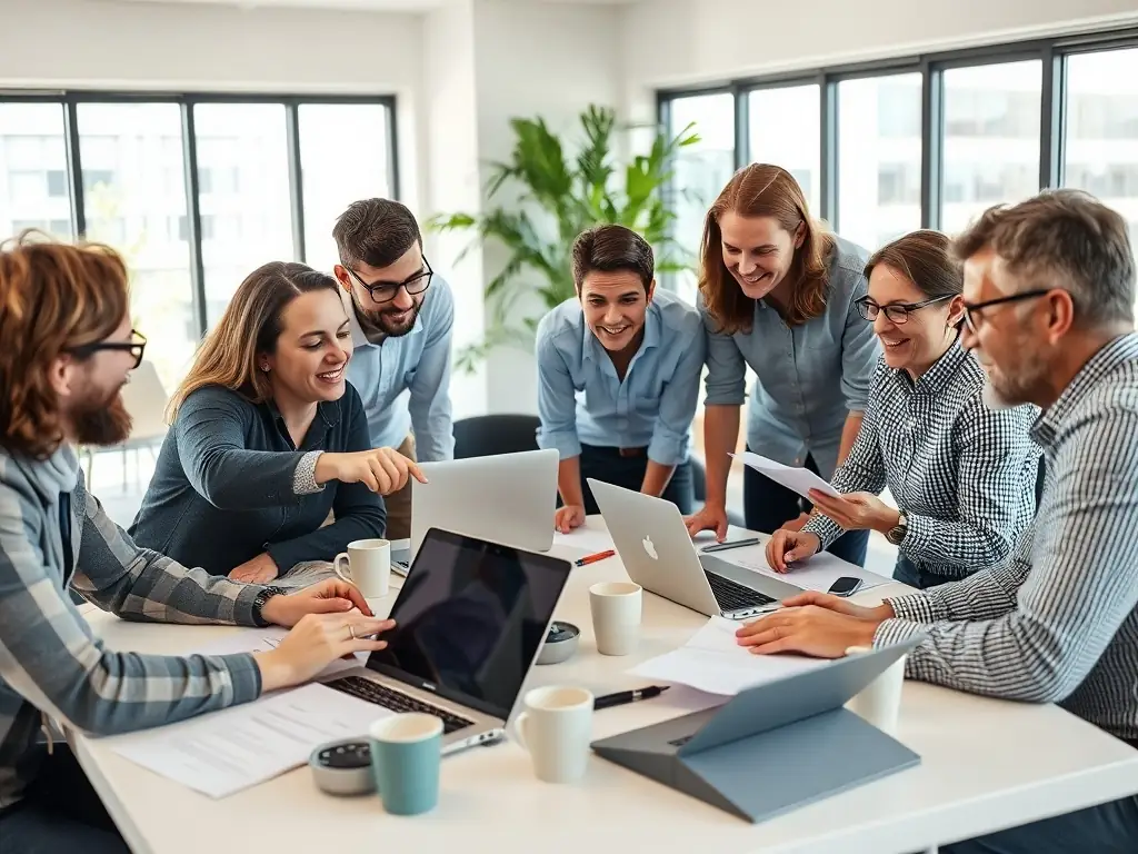 A photograph of a workshop session in progress, with participants actively engaged in a hands-on activity, collaborating on a project related to digital publishing strategies.