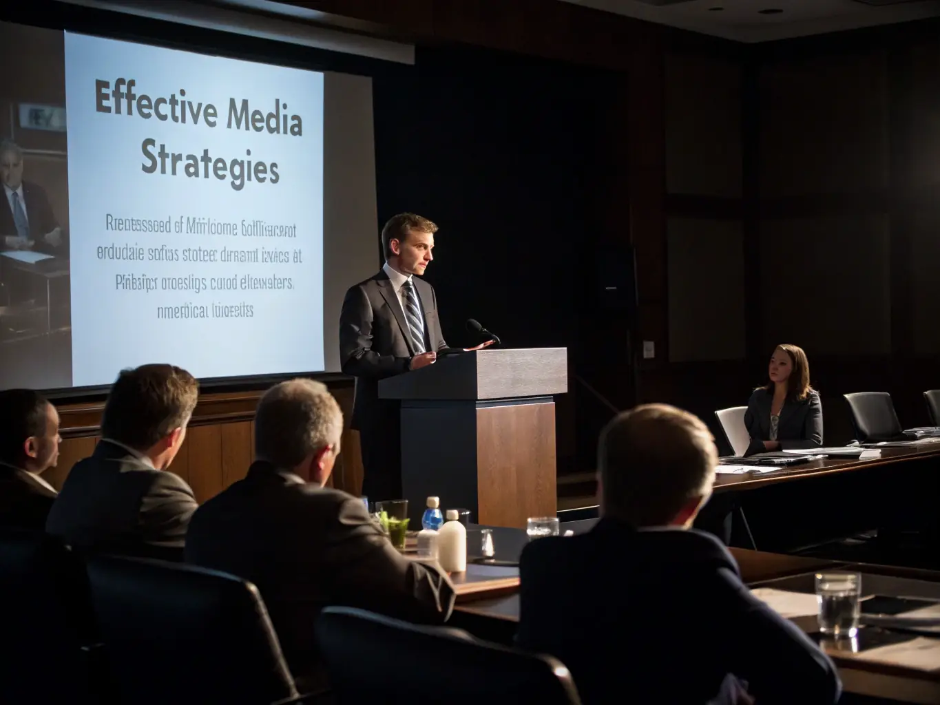 A photograph of a keynote speaker, a distinguished media executive, delivering a presentation on stage at a business conference, with a large screen displaying data charts and audience members attentively listening.