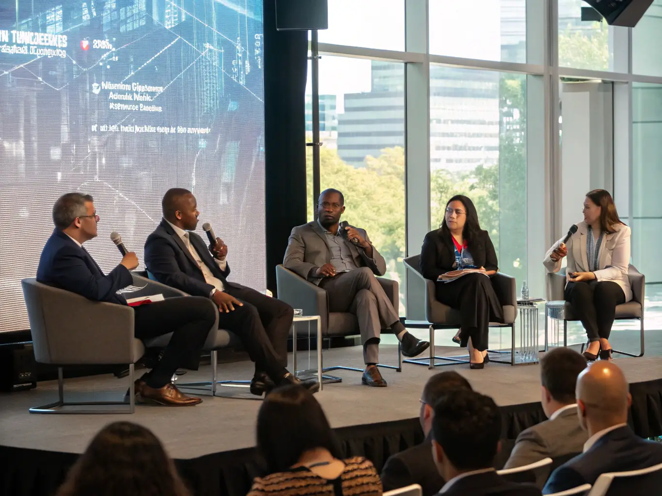 A photograph of a panel discussion featuring several media experts, engaging in a lively debate on the challenges and opportunities facing the publishing industry in the digital age.